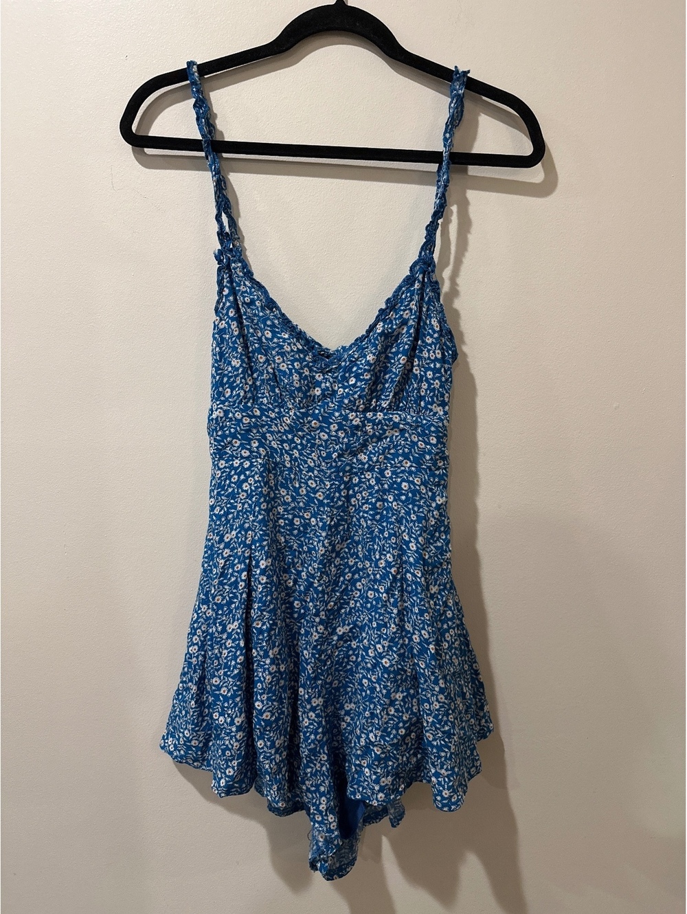 Princess Polly Blue with White Flowers Backless Tie Romper